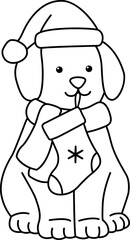 Cute dog wearing Christmas hat and scarf biting holiday stocking outline.
Puppy dressed for Christmas children's coloring pages and template isolated.
Transparent background.