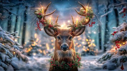 Magical Christmas Deer with Candlelit Antlers in Snowy Forest