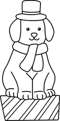 Cute dog wearing Christmas top hat and scarf sits on gift box outline.
Puppy dressed for Christmas children's coloring pages and template isolated.
Transparent background.