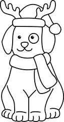 Cute dog with Christmas hat and deer antlers outline.
Puppy dressed for Christmas children's coloring pages and template isolated.
Transparent background.