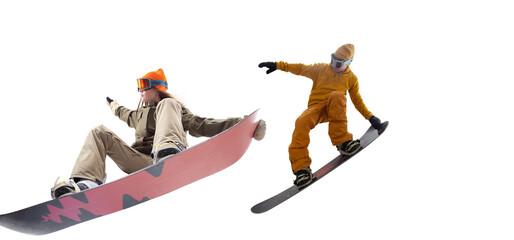 Snowboarding riders isolated on white background.