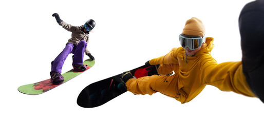 Snowboarding riders isolated on white background.