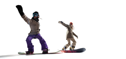 Snowboarding riders isolated on white background.