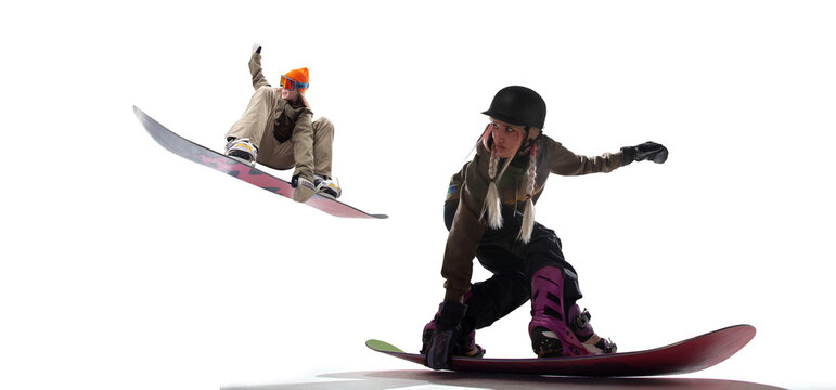 Snowboarding riders isolated on white background.