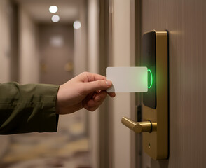 The hotel door lock system works with smart card sensor.
