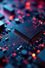 Fototapeta premium Macro view of circuit board patterns and data pathways An extreme macro close up of a complex circuit board, focusing on the intricate, luminous traces and connection points, rendered with an abstract