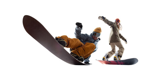 Snowboarding riders isolated on white background.