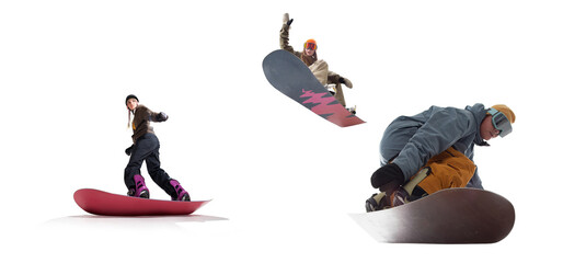 Snowboarding riders isolated on white background.