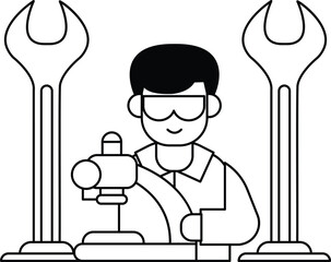 A man in a lab coat is working on a machine