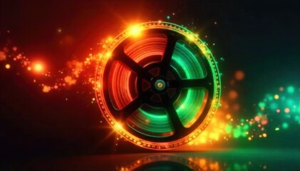 Abstract Visuals of a Film Reel An abstract artistic interpretation of a spinning film reel. Light and vibrant, swirling colors emanate from the celluloid. The focus is on the dynamic play of light