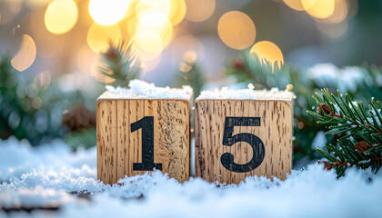 Number 15 on wooden cubes on snowy surface with fir tree branches, cozy festive winter scene.