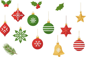 Christmas Ornaments Set with Holly Leaves, Baubles, Stars, and Bells Illustration