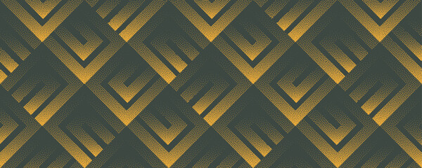 Vector abstract wide panoramic background with halftone chevron weaving squares in yellow green colour. Grainy texture, geometrical flow and elegant art deco retro vibe for bold, luxury visual design