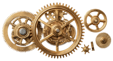 Gold gears in intricate, interconnected system