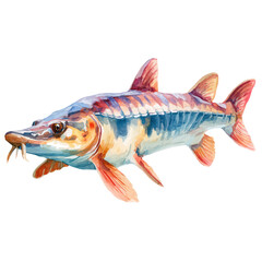 Sturgeon watercolor vector illustration, high-quality artwork isolated on a pure white background.