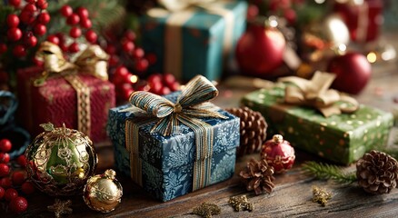 a festive christmas background featuring colorful gift boxes, pine cones, and decorations.