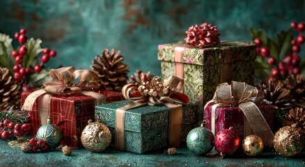 a festive christmas background featuring colorful gift boxes, pine cones, and decorations.