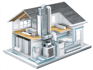 Home ventilation – Cutaway 3D illustration of a sustainable home ventilation system with heat exchanger, ducting, and air filters.
