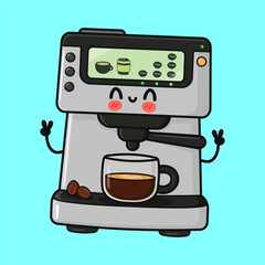 Cute cartoon coffee machine making espresso happy