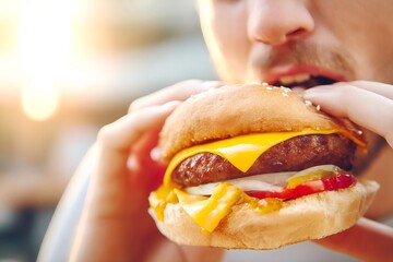 The focus is on a burger in the hands of a man who is biting into it.