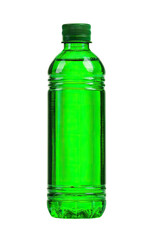 Bright green plastic bottle.  Isolated, full shot, showing?smooth, ribbed surface.?Cap is visible