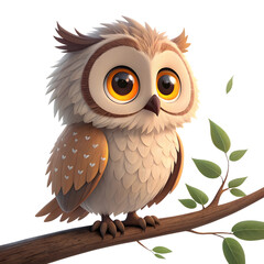 Fototapeta premium Cute cartoon owl with big eyes sitting on a branch at night