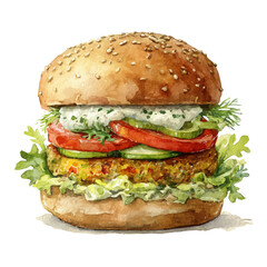 Veggie Burger watercolor drawing vector, premium quality illustration on a clean white background.