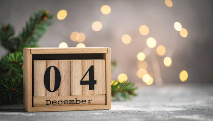 Wooden calendar blocks showing December 4 on cement surface, soft blurred background
