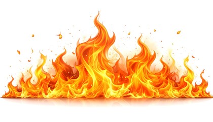 Realistic flame effect with glowing fire sparks, isolated on white background