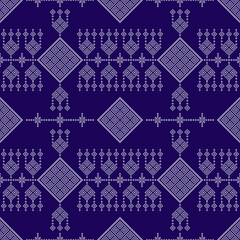 A traditional geometric textile pattern in navy blue and white, featuring intricate diamond, floral, and line motifs arranged in symmetrical horizontal bands. Geometric pixel art pattern