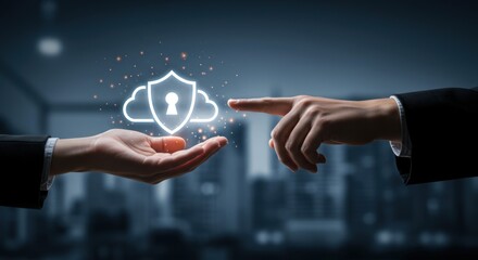 Business People Exchanging Digital Security Icon Over Cloud Symbol Against Cityscape Background at Night