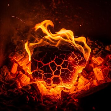 Burning Coal, Intense Heat, Fiery Core, Glowing Embers, Volcanic Fire.