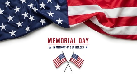 Fototapeta premium American flag waving in the wind with memorial day text and small flags on a white background