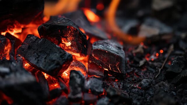 Glowing Embers And Ash Intense Heat Dark Chunks Orange Flames From Burning Wood And Coals Detail View Hot Temperature Energy Source Blazing Bright In A Fire Pit