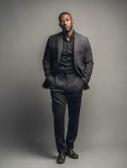 Fototapeta premium Confident Man in Stylish Suit Posing Full Body Portrait Against Neutral Background