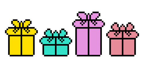 Retro pixel art gift boxes with bows. Gift boxes for sales, New Year's, birthdays, and holidays.