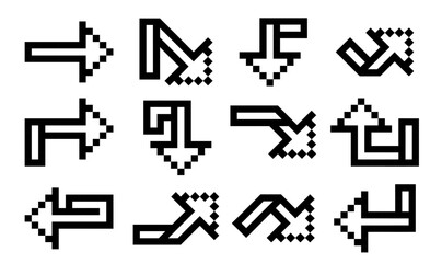 Pixel black and white arrows retro style. Set of arrow icons pointing in various directions, straight, circular, curved, down, up, right, and left.