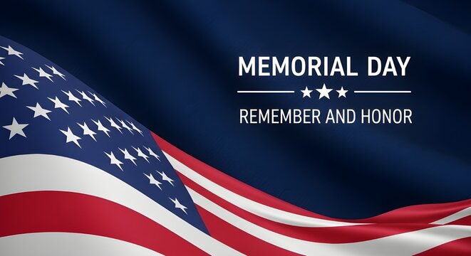 Waving american flag and memorial day text remembering and honoring fallen heroes
