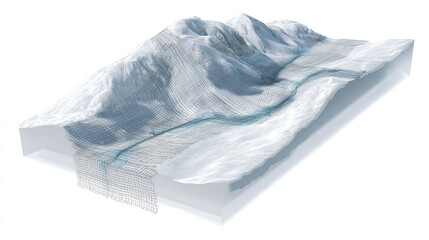 Obraz premium Mountain avalanche control – Cutaway 3D of a mountain slope with avalanche netting, snow layers, and pressure distribution zones.
