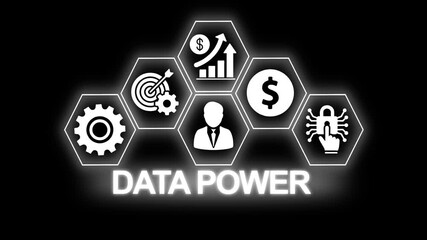 Conceptual data power illustrated with business financial and security icons on black background - Powered by Adobe