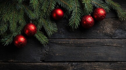 christmas background with dark wood and green pine branches, red ornaments on the edge of a wooden tabletop, viewed from above. 