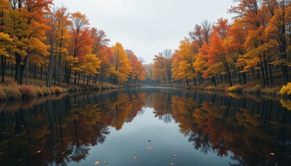 Fototapeta premium Autumn Reflections in a Tranquil Lake Surrounded by Colorful Trees During a Foggy Morning