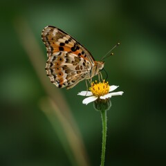 Obraz premium Detailed Close Up Of A Painted Lady Butterfly Resting On A Small White Wildflower With Green Foliage Background In Soft Natural Light