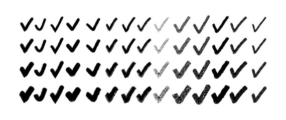 Hand Drawn Black Check Marks Icon Set. Vector Illustration of Tick and Checkbox Symbols on White Background