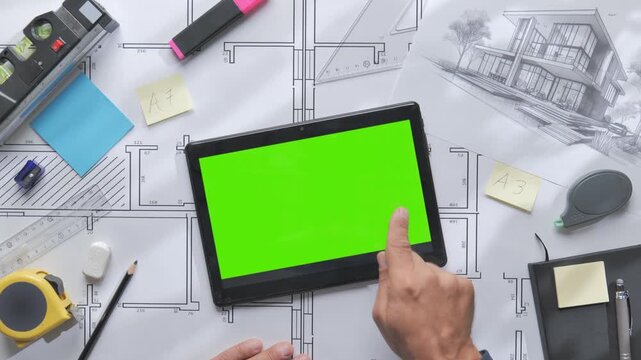 Top down view of house designer desk with tablet green screen,blueprint,contruction architect tools on office table
