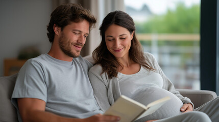 Father reading a favorite book or gently talking to the mother to encourage relaxation, highlighting emotional support, shared excitement, and nurturing presence during labor. three-quarter wide