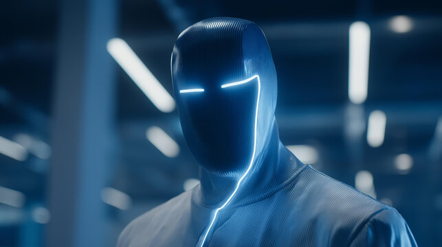 Abstract faceless mannequin illuminated by glowing neon lights in a futuristic setting, symbolizing anonymous identity, digital detachment, mystery of human representation, loss of recognition, and