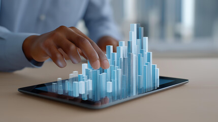 Abstract 3D visualization of growing bar charts, pie charts, and asset flow with hands interacting on a tablet, representing the concept of wealth management, investment growth, strategic portfolio