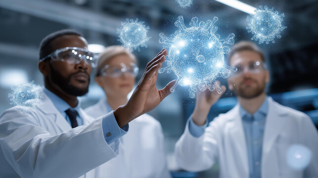 Scientists in modern lab gesturing at AR holograms of virus molecules, showing emotions of discovery and determination, highlighting biotechnology research, augmented visualization, and futuristic