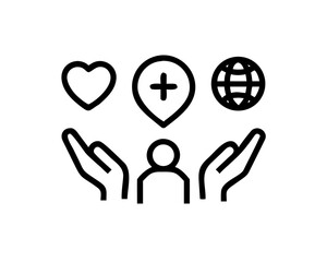 Hands holding heart, location, and globe